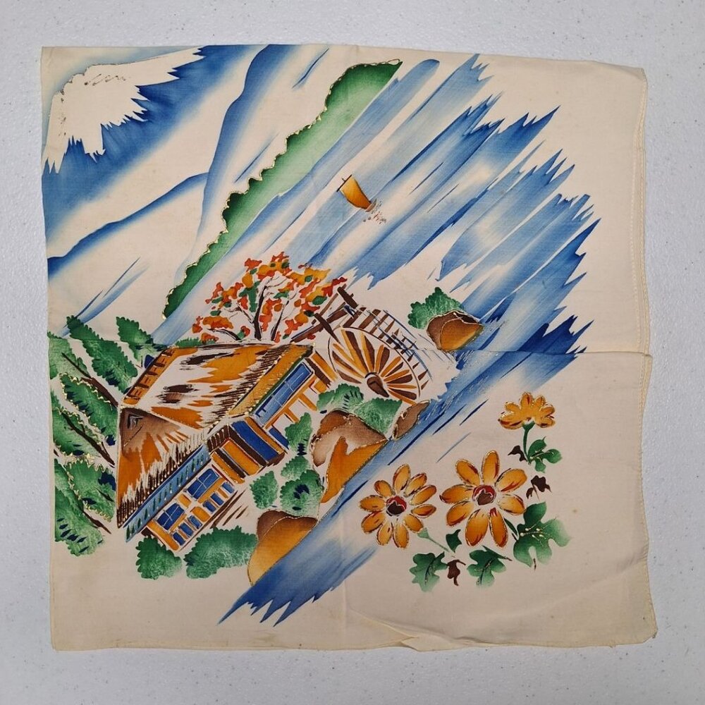Vintage Painted Scarf Glitter Cabin Mill River Flowers Mountain Decor Old Granny